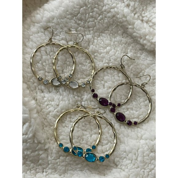 Vintage Gold Tone Faux Gemstone Hoop Dangle Earrings - 3 Pairs - Picture 1 of 8